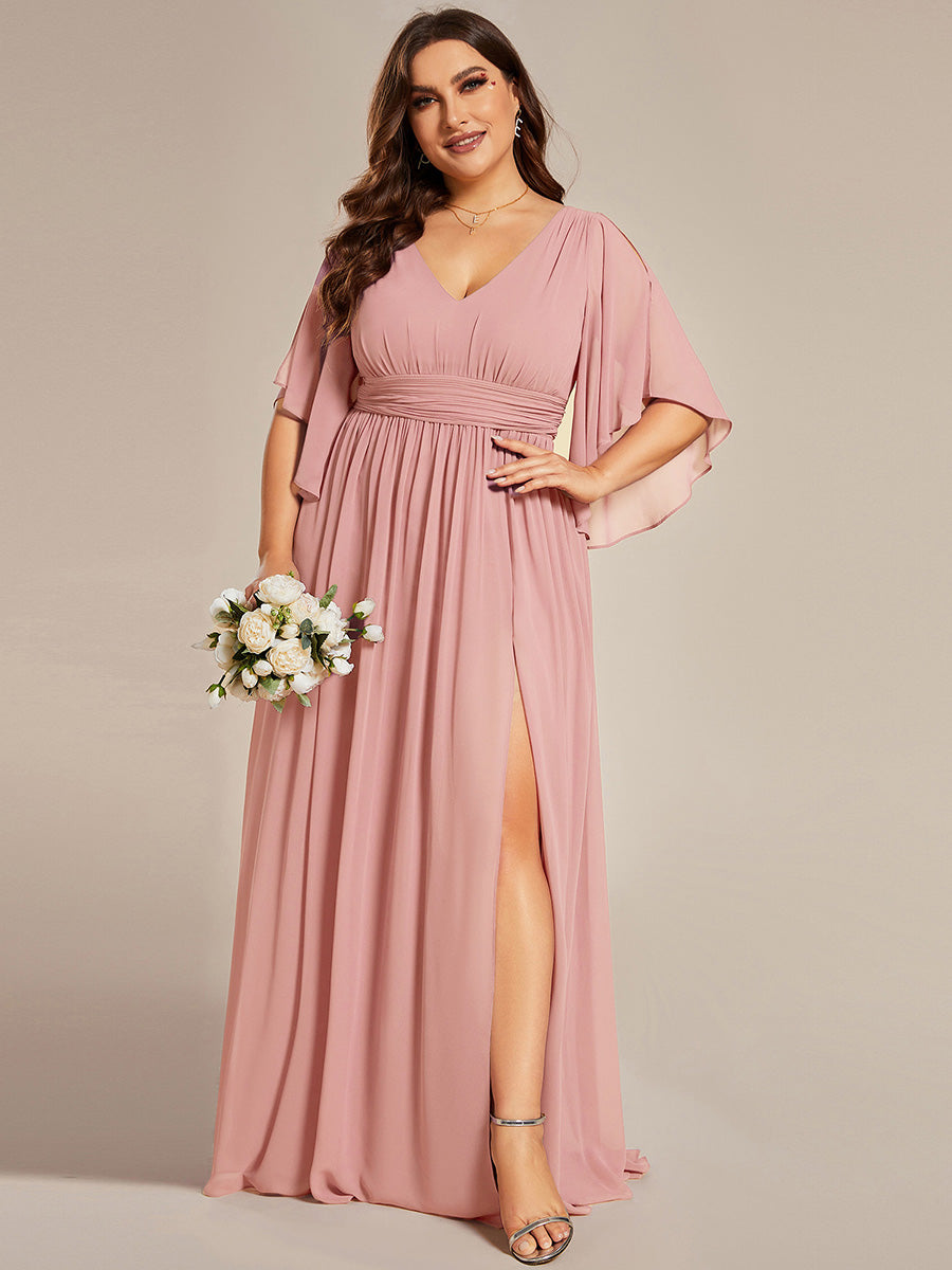 Half Sleeve V-Neck Pleated High Slit A-Line Chiffon Bridesmaid Dress #color_Dusty Rose