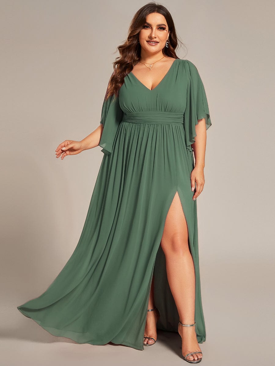 Half Sleeve V-Neck Pleated High Slit A-Line Chiffon Bridesmaid Dress #color_Eucalyptus