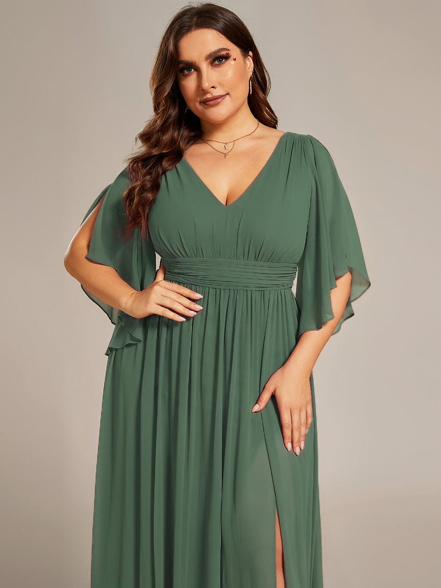 Half Sleeve V-Neck Pleated High Slit A-Line Chiffon Bridesmaid Dress #color_Eucalyptus