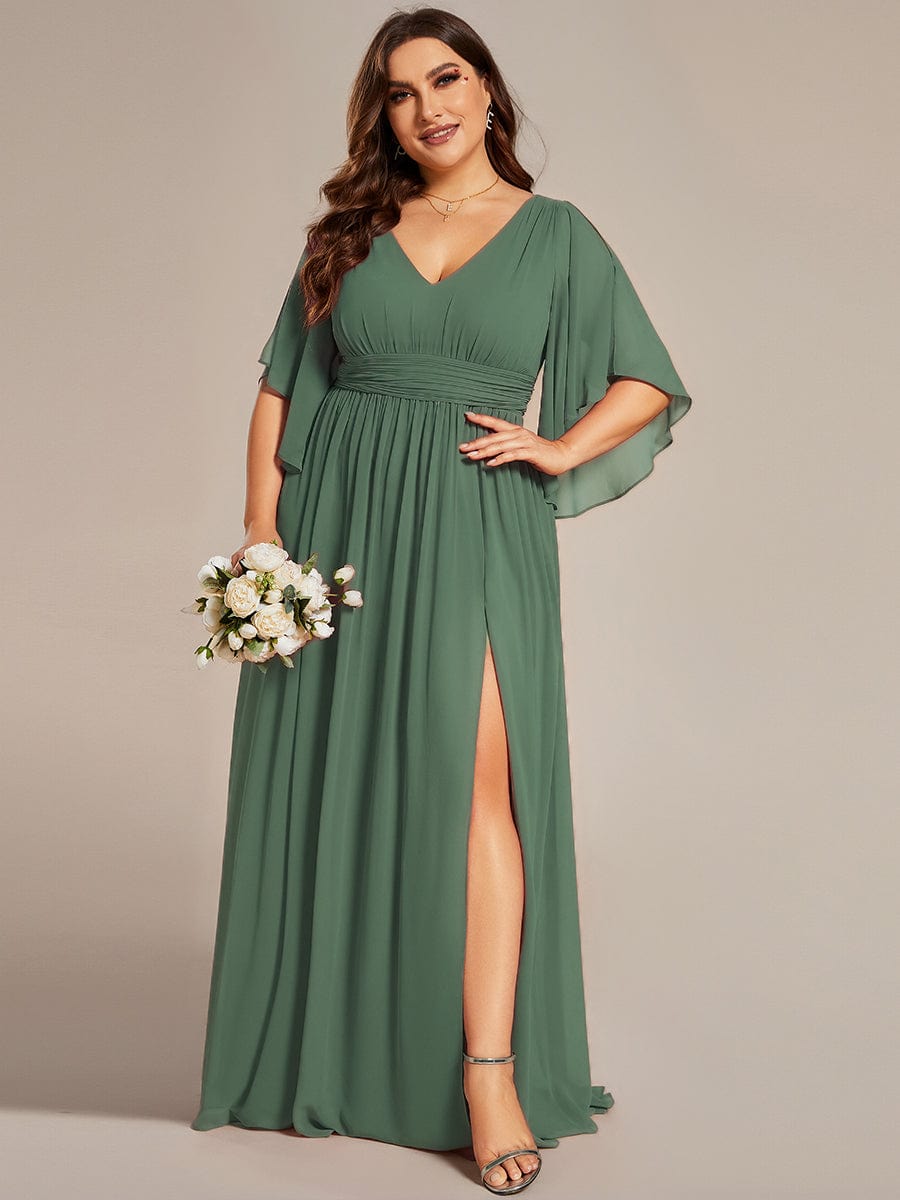 Half Sleeve V-Neck Pleated High Slit A-Line Chiffon Bridesmaid Dress #color_Eucalyptus