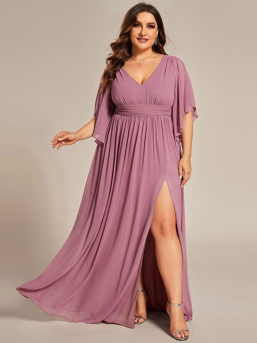 Half Sleeve V-Neck Pleated High Slit A-Line Chiffon Bridesmaid Dress #color_Purple Orchid