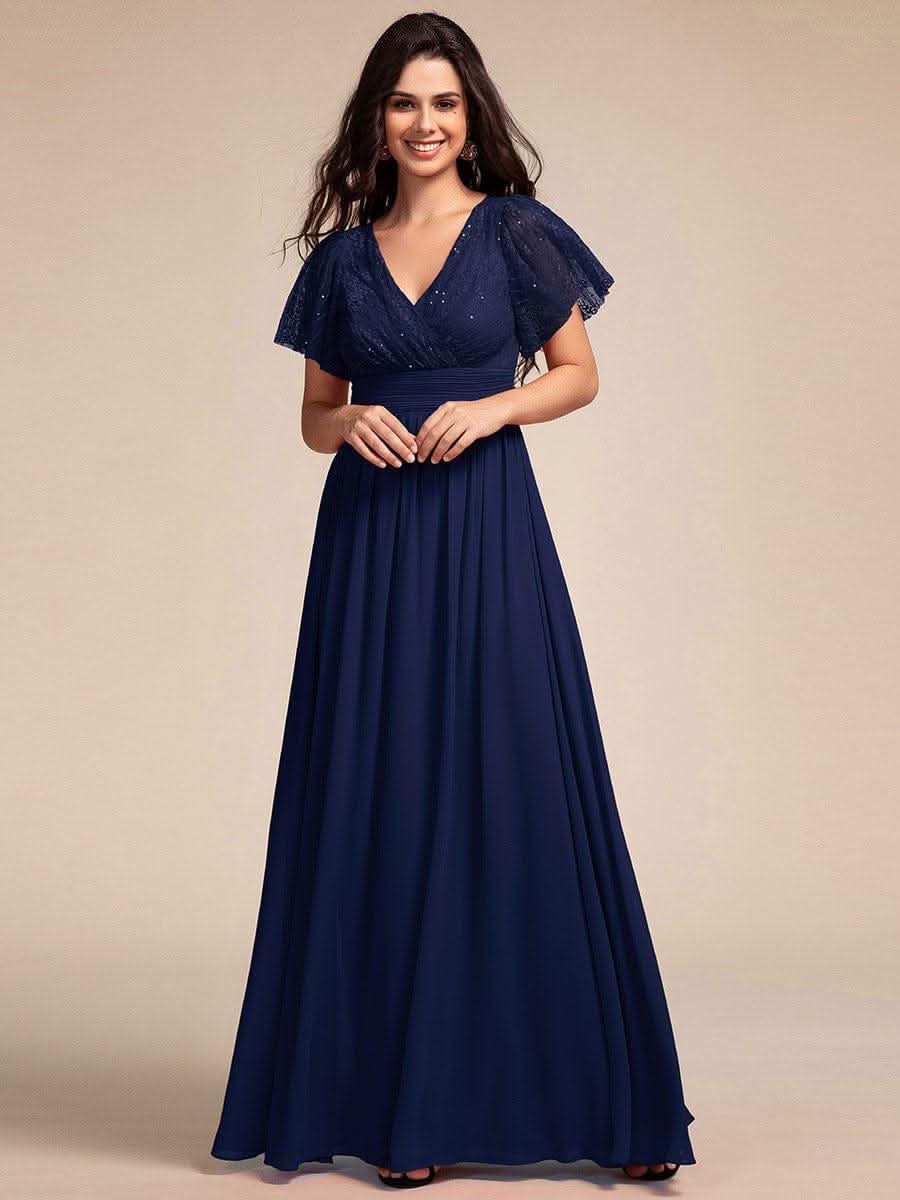 Flutter Sleeve Pleated Lace Bodice V-Neck Maxi Bridesmaid Dress #color_Navy Blue