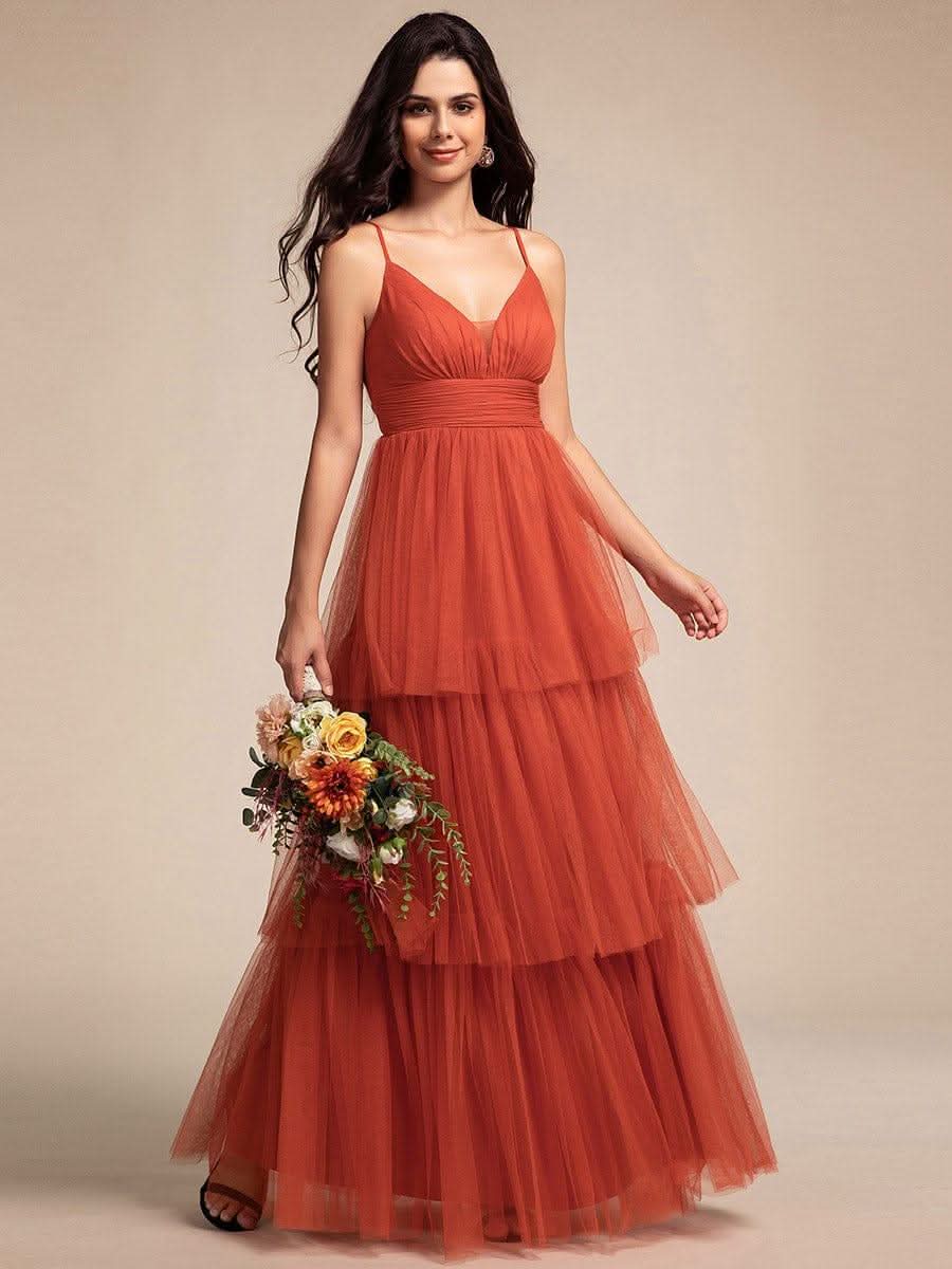 Tiered Spaghetti Strap Tulle Maxi Bridesmaid Dress #color_Burnt Orange