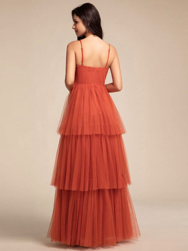 Tiered Spaghetti Strap Tulle Maxi Bridesmaid Dress #color_Burnt Orange Tiered Spaghetti Strap Tulle Maxi Bridesmaid Dress