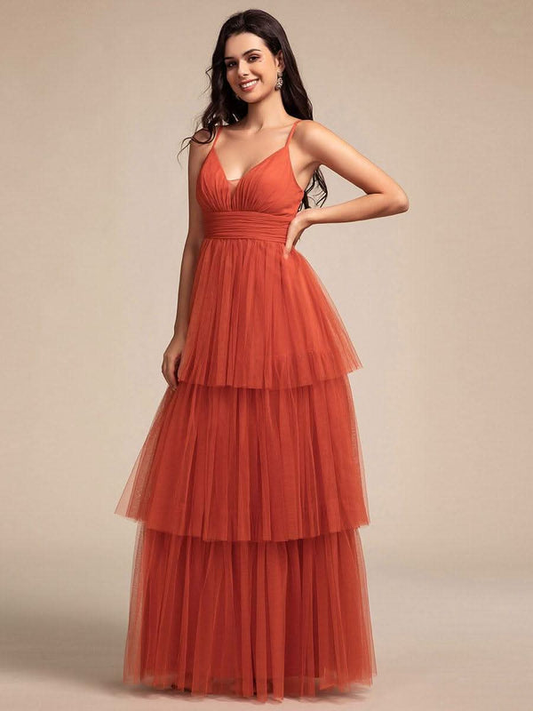 Tiered Spaghetti Strap Tulle Maxi Bridesmaid Dress #color_Burnt Orange Tiered Spaghetti Strap Tulle Maxi Bridesmaid Dress
