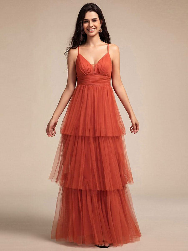 Tiered Spaghetti Strap Tulle Maxi Bridesmaid Dress #color_Burnt Orange Tiered Spaghetti Strap Tulle Maxi Bridesmaid Dress