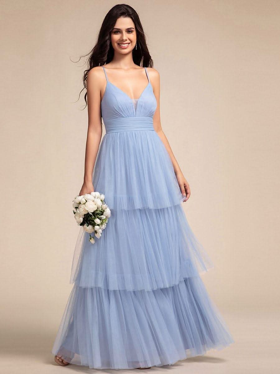 Tiered Spaghetti Strap Tulle Maxi Bridesmaid Dress #color_Light Blue