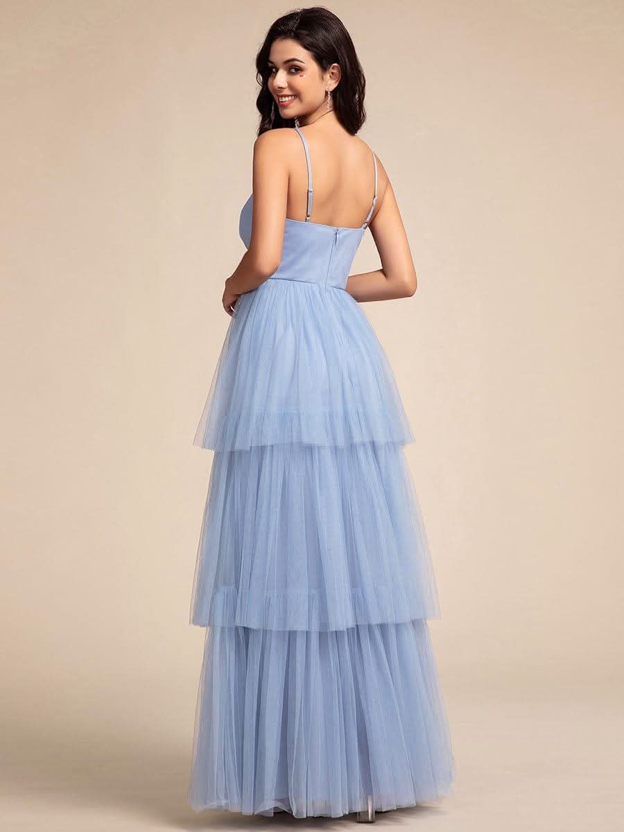 Tiered Spaghetti Strap Tulle Maxi Bridesmaid Dress #color_Light Blue