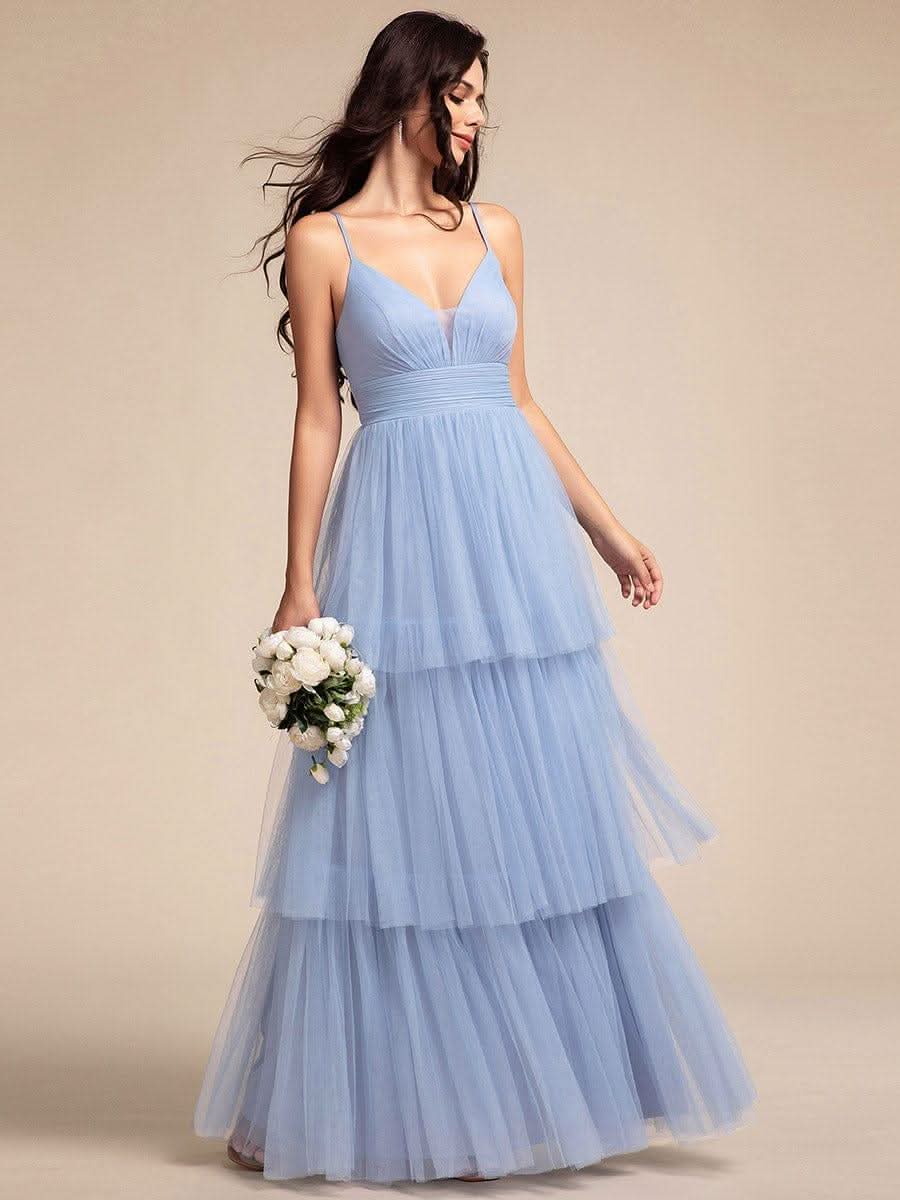 Tiered Spaghetti Strap Tulle Maxi Bridesmaid Dress #color_Light Blue