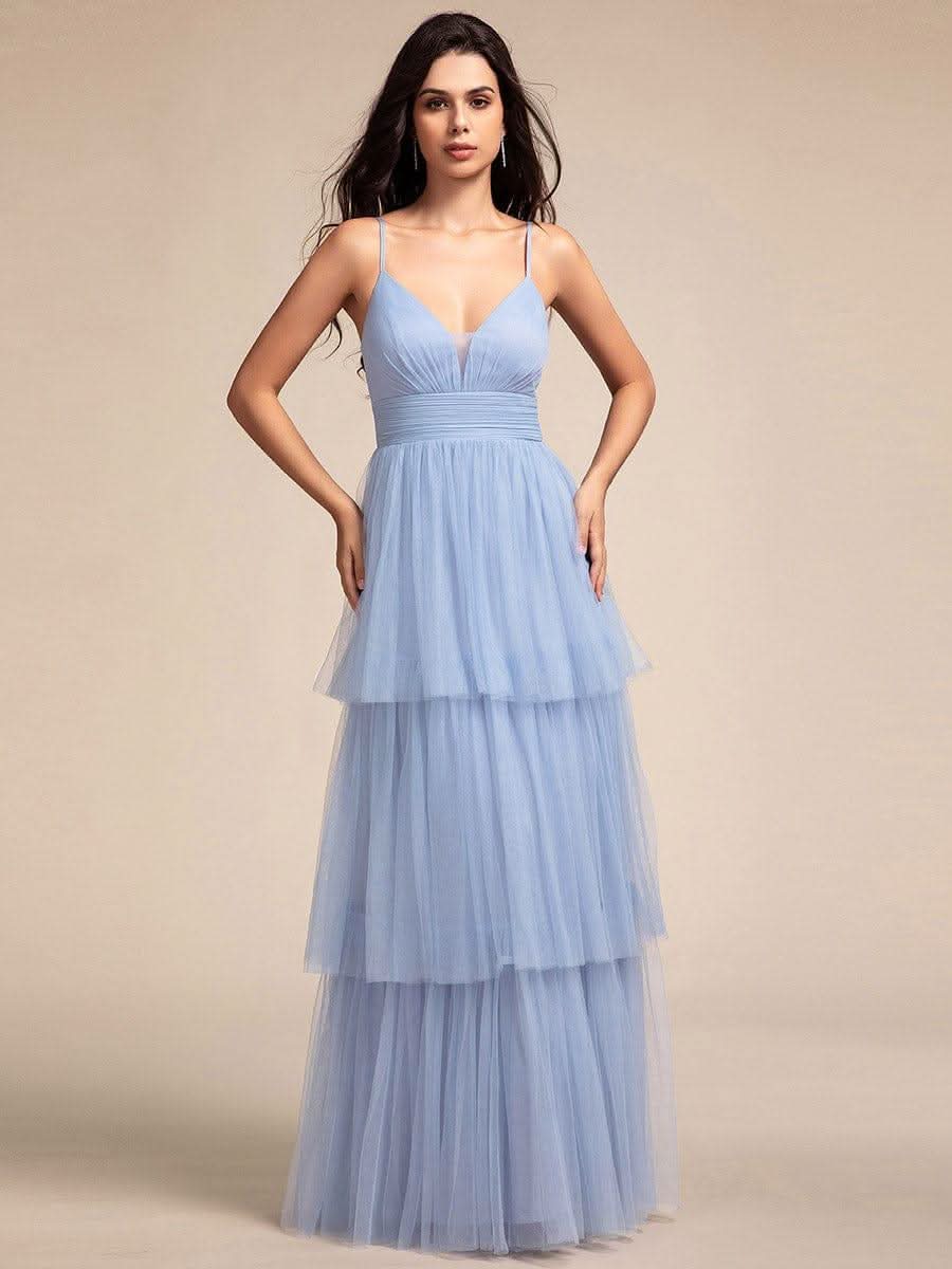 Tiered Spaghetti Strap Tulle Maxi Bridesmaid Dress #color_Light Blue