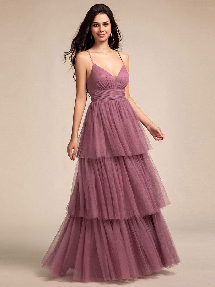 Tiered Spaghetti Strap Tulle Maxi Bridesmaid Dress #color_Purple Orchid