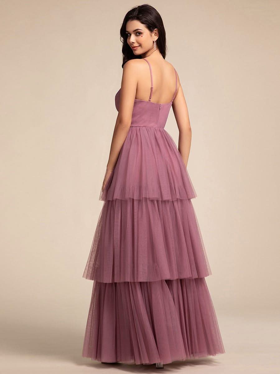 Tiered Spaghetti Strap Tulle Maxi Bridesmaid Dress #color_Purple Orchid