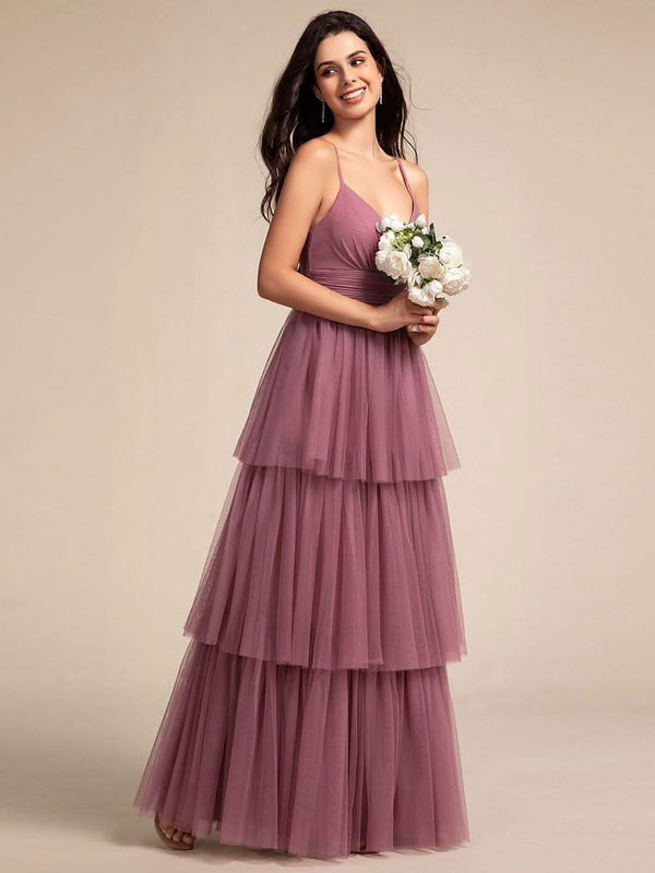 Tiered Spaghetti Strap Tulle Maxi Bridesmaid Dress #color_Burnt Orange Tiered Spaghetti Strap Tulle Maxi Bridesmaid Dress