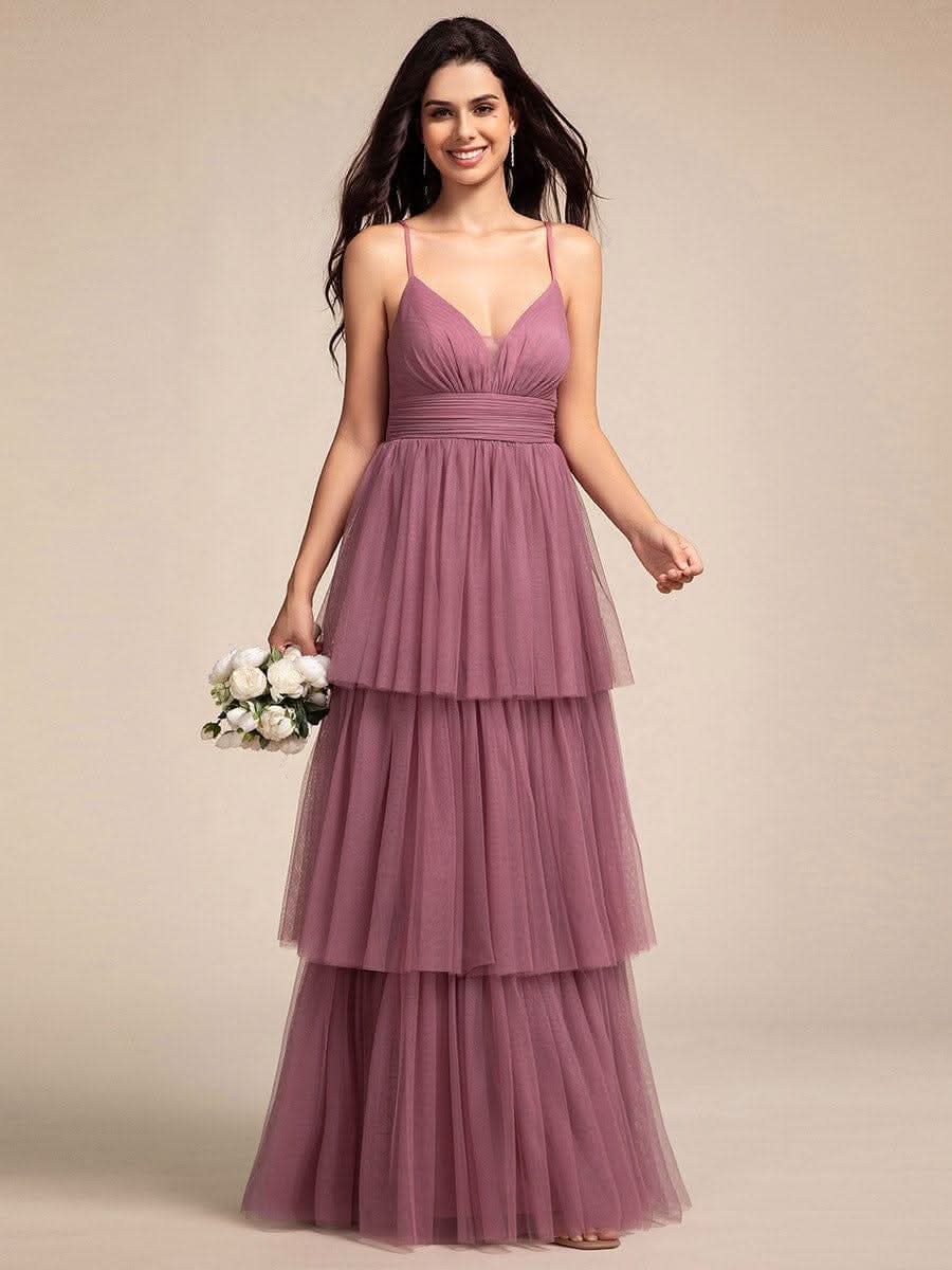 Tiered Spaghetti Strap Tulle Maxi Bridesmaid Dress #color_Purple Orchid