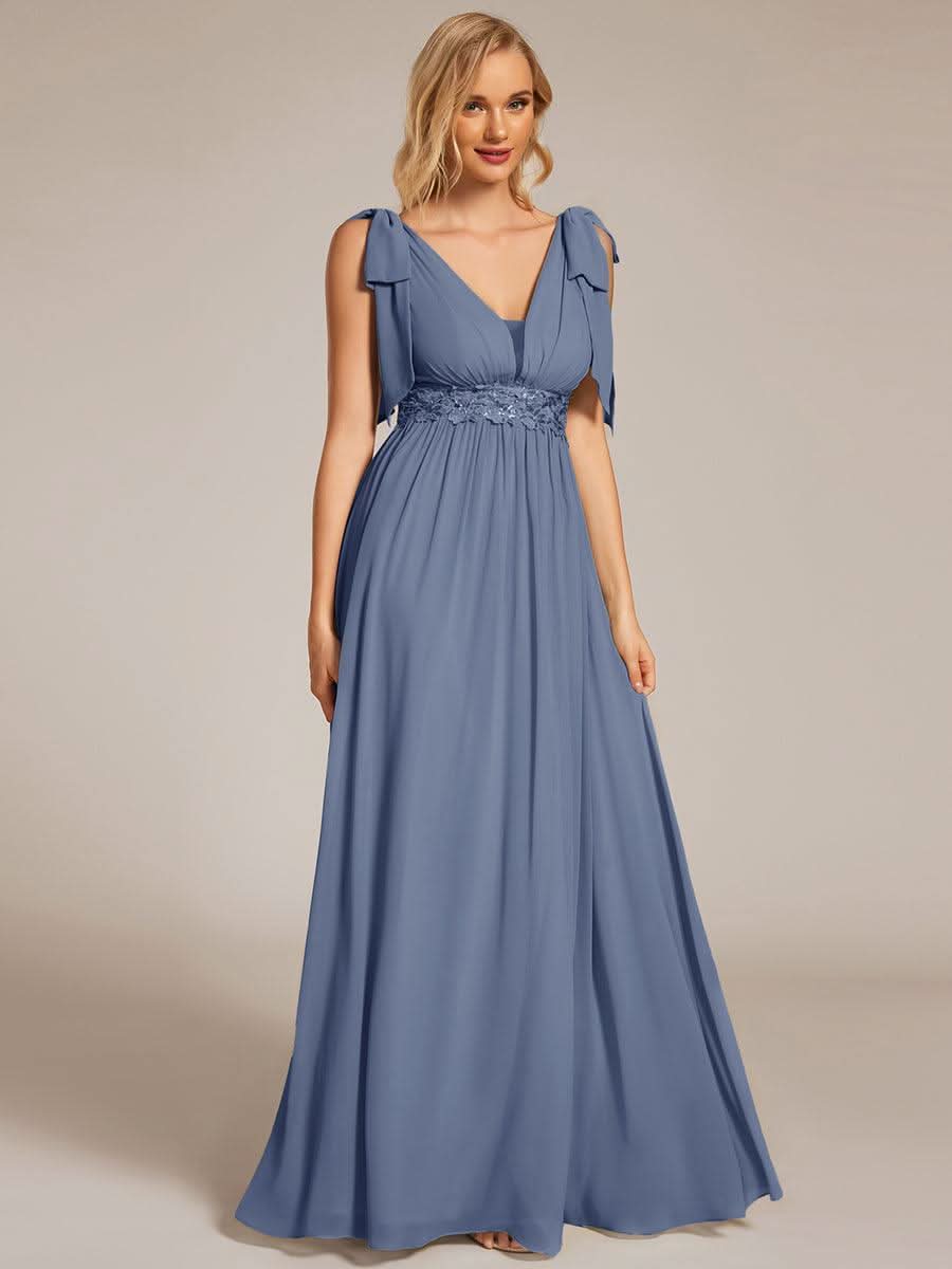 Bow Shoulder Empire Waist Maxi Bridesmaid Dress #color_Dusty Blue