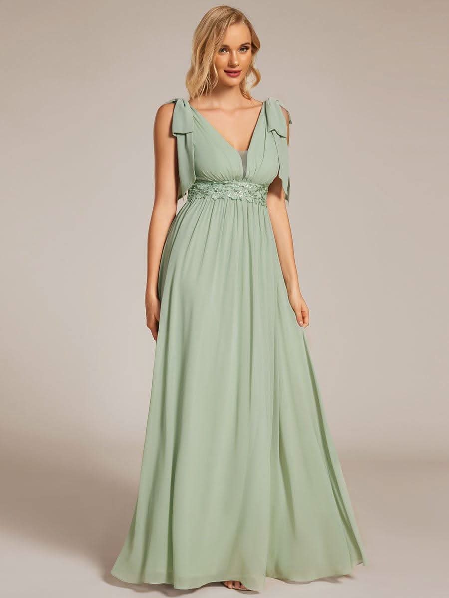 Bow Shoulder Empire Waist Maxi Bridesmaid Dress #color_Mint Green