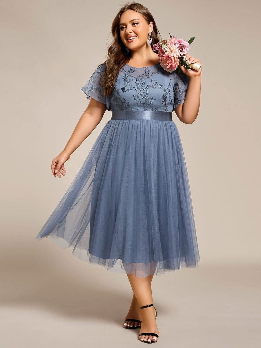 Plus Size Round Neckline Embellished Tulle Midi Bridesmaid Dress #color_Dusty Blue