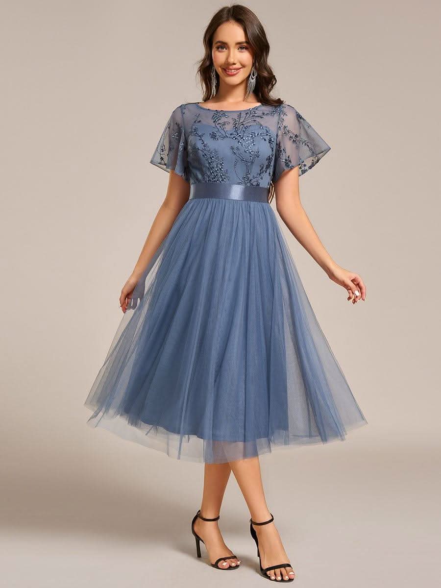 Embellished Tulle Midi Bridesmaid Dress with Sheer Sleeves #color_Dusty Blue