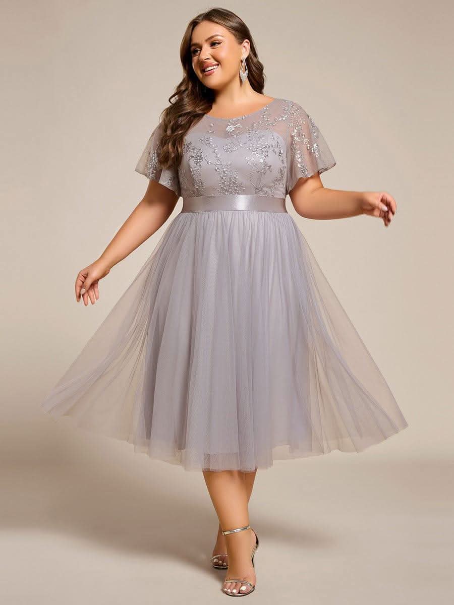 Plus Size Round Neckline Embellished Tulle Midi Bridesmaid Dress #color_Grey