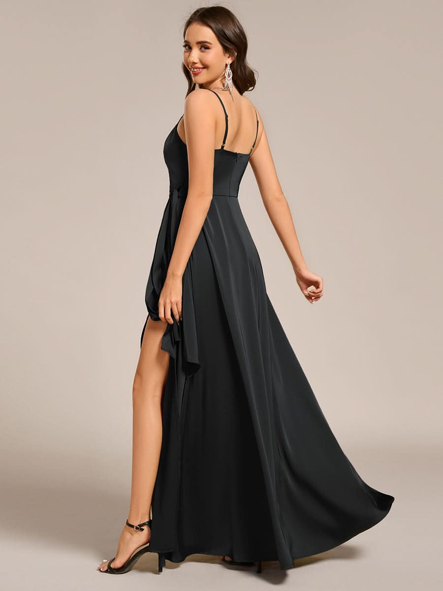 Wrap-Style Spaghetti Strap Maxi Satin Bridesmaid Dress #color_Black