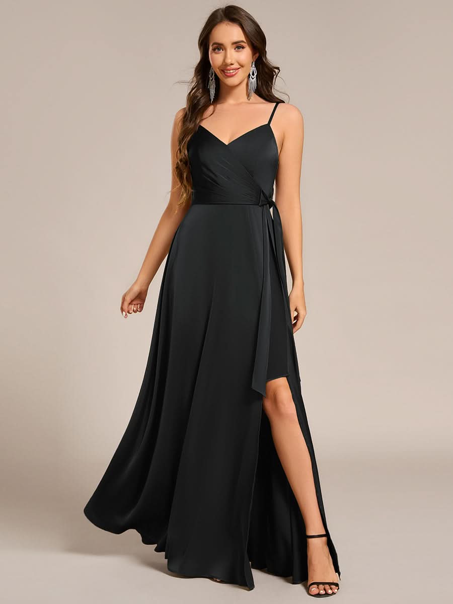 Wrap-Style Spaghetti Strap Maxi Satin Bridesmaid Dress #color_Black