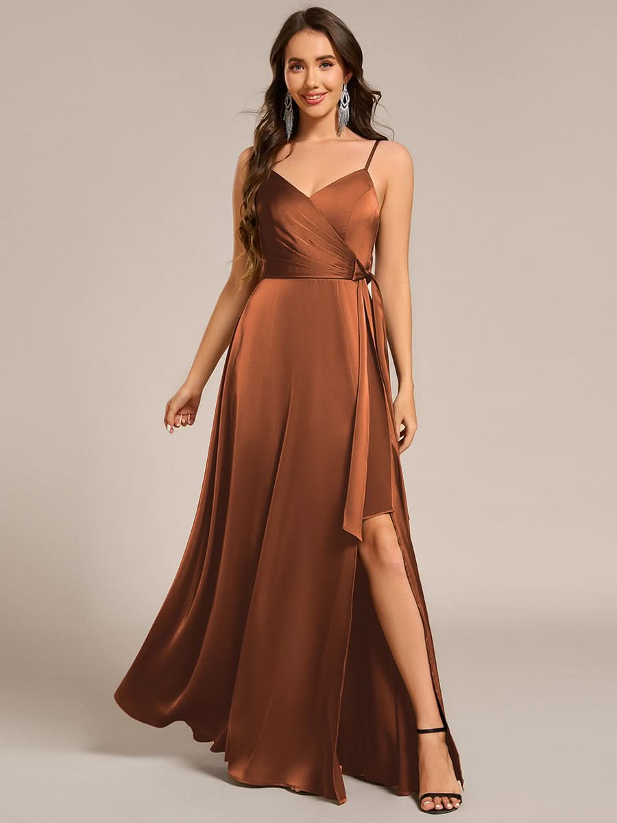 Wrap-Style Spaghetti Strap Maxi Satin Bridesmaid Dress #color_Brown