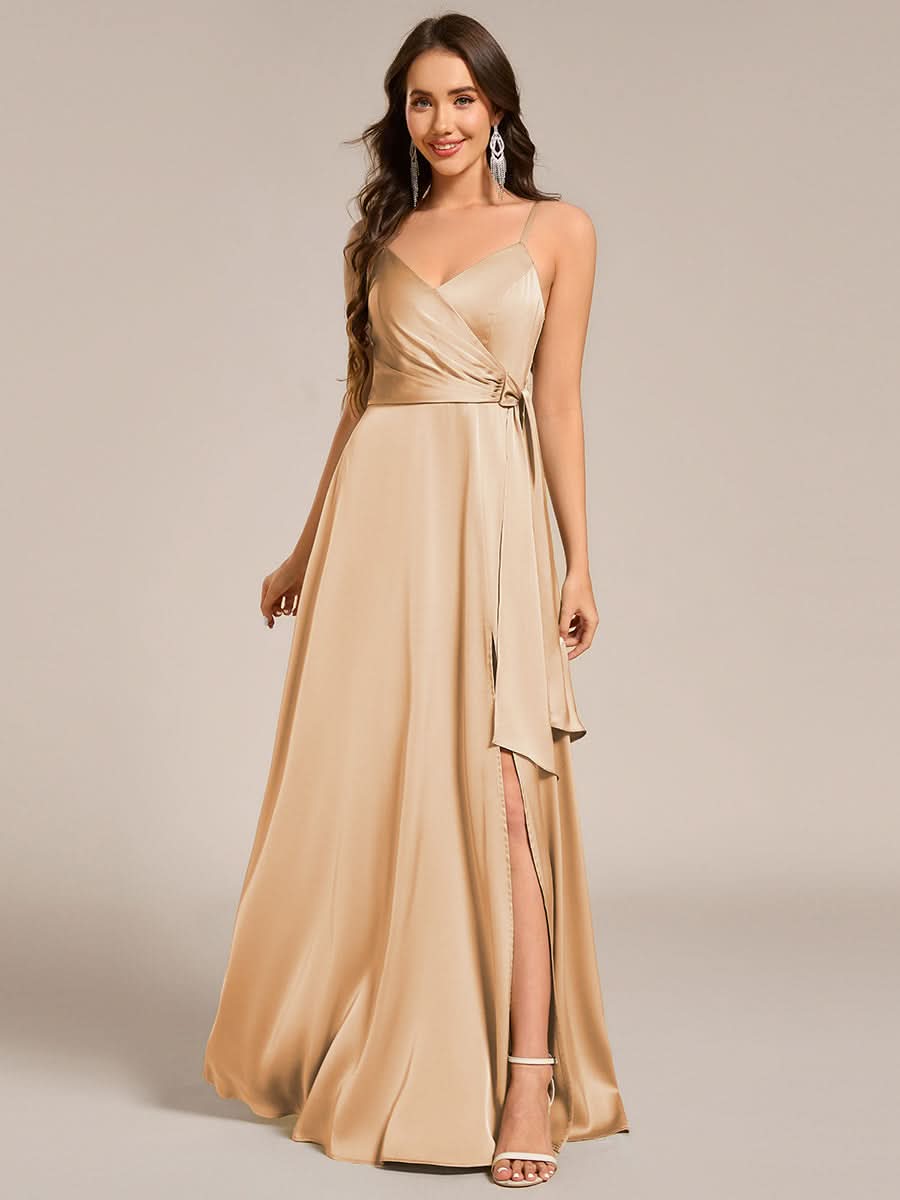 Wrap-Style Spaghetti Strap Maxi Satin Bridesmaid Dress #color_Champagne