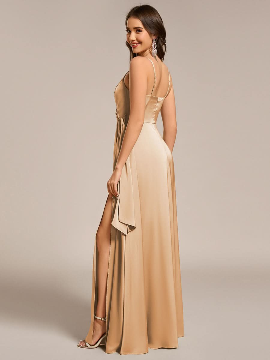 Wrap-Style Spaghetti Strap Maxi Satin Bridesmaid Dress #color_Champagne