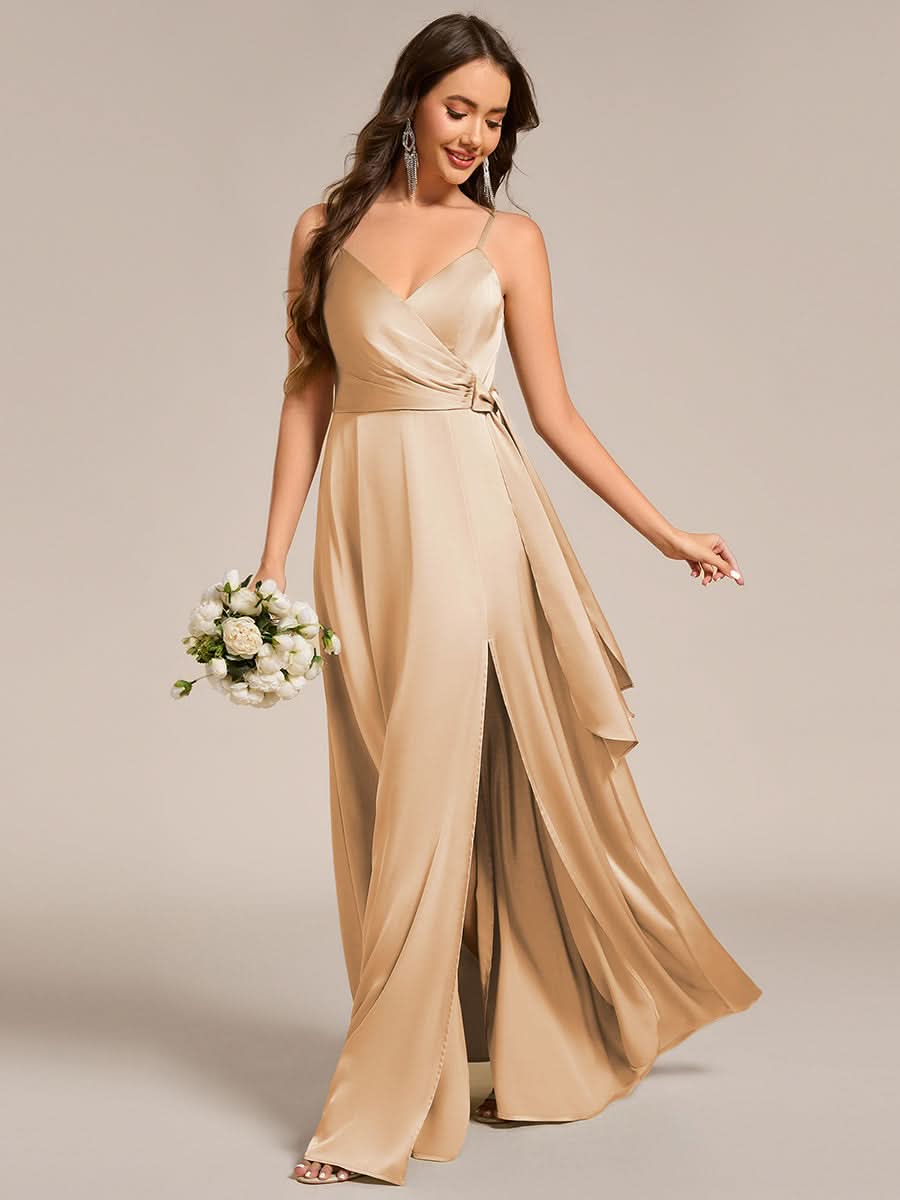 Wrap-Style Spaghetti Strap Maxi Satin Bridesmaid Dress #color_Champagne
