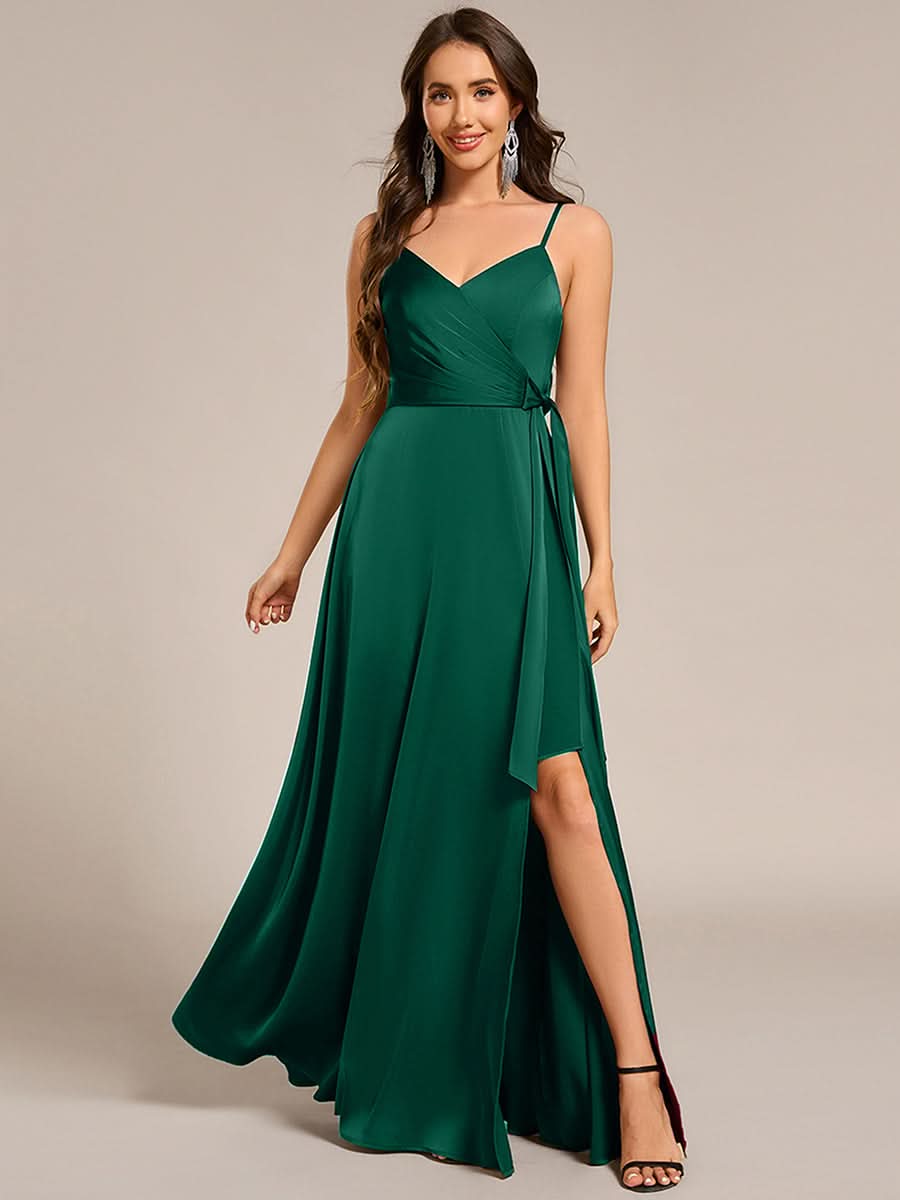 Wrap-Style Spaghetti Strap Maxi Satin Bridesmaid Dress #color_Dark Green