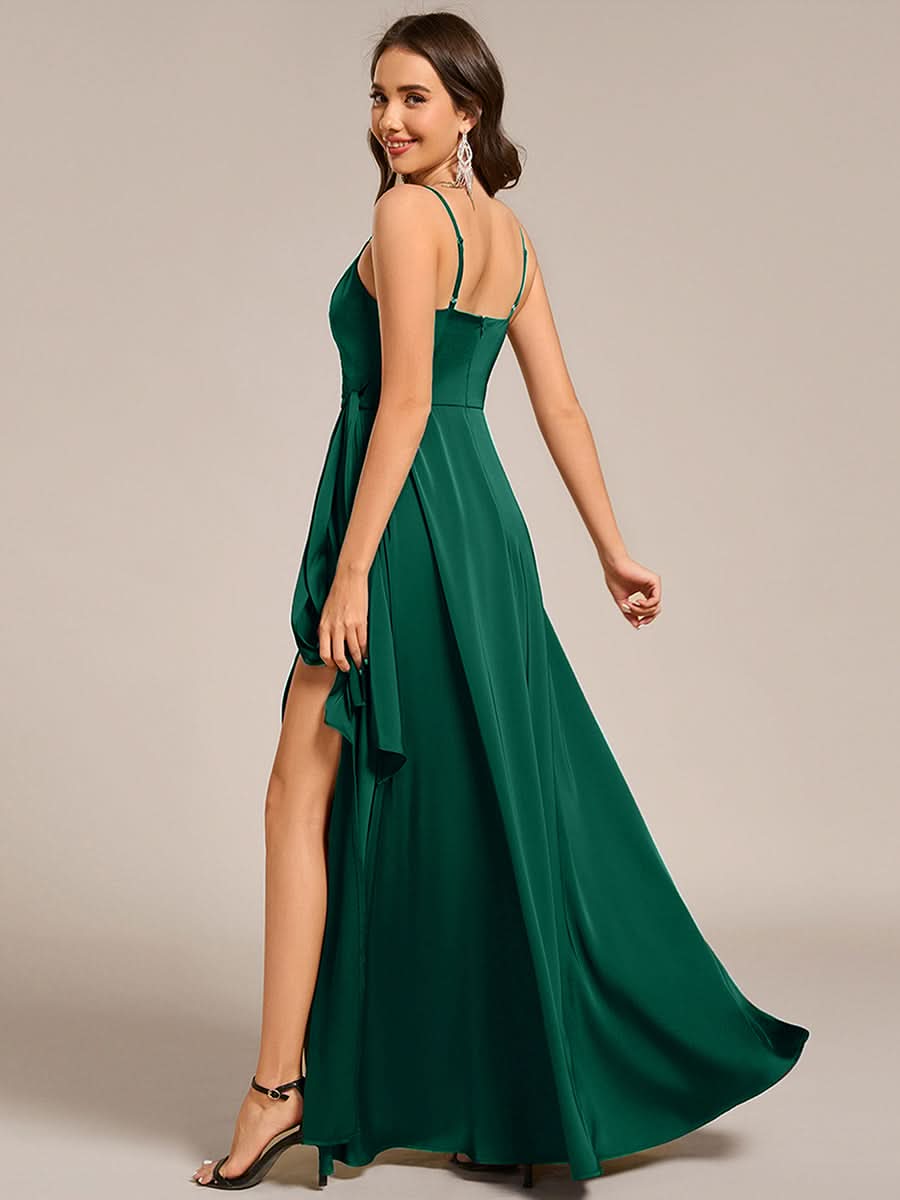 Wrap-Style Spaghetti Strap Maxi Satin Bridesmaid Dress #color_Dark Green