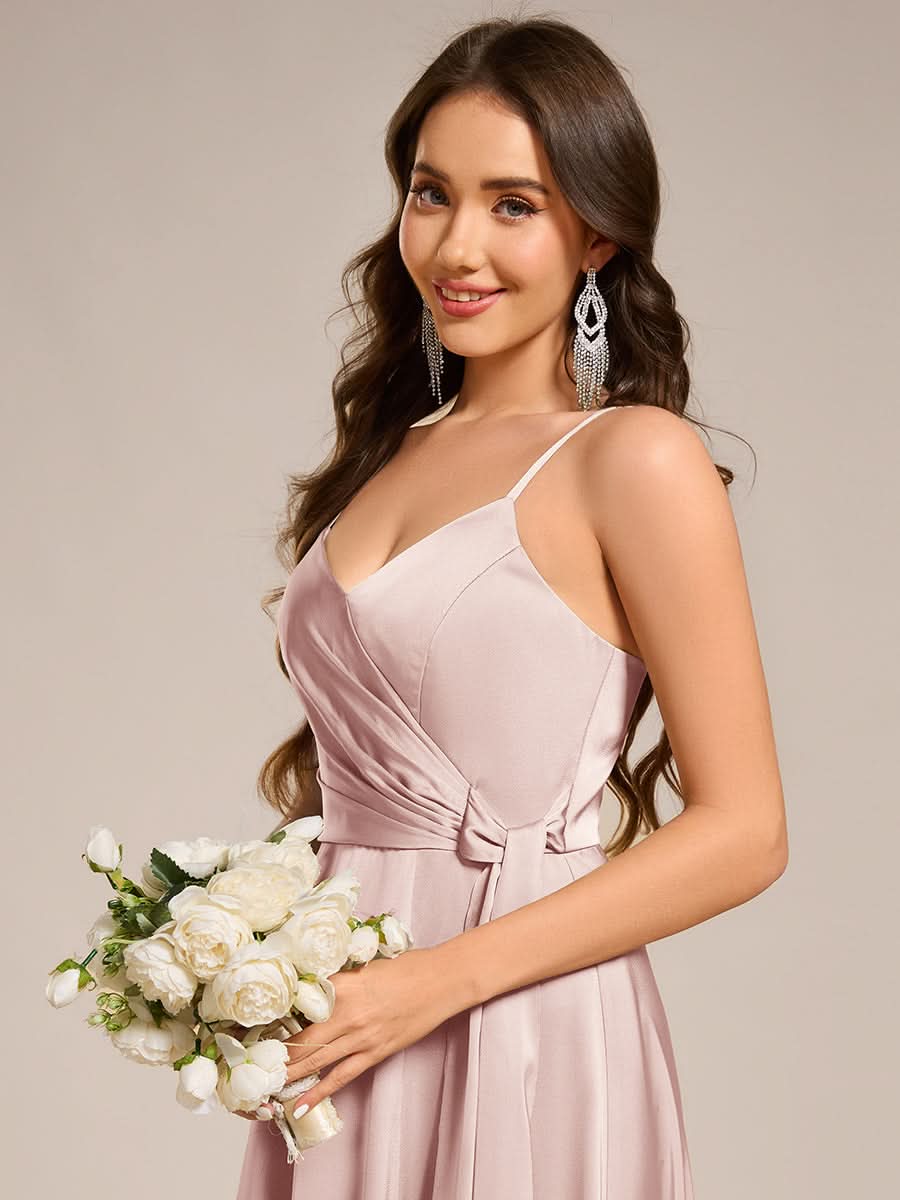 Wrap-Style Spaghetti Strap Maxi Satin Bridesmaid Dress #color_Pink