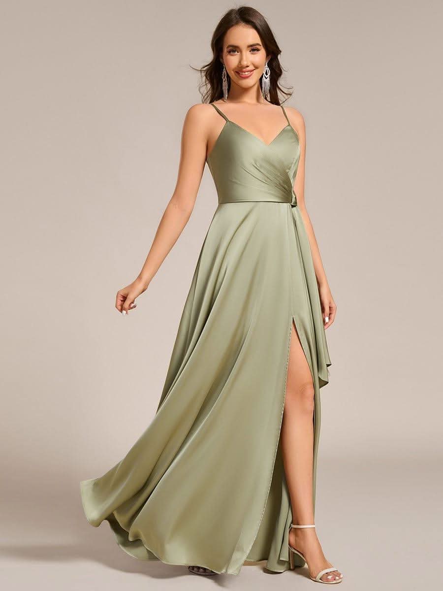Wrap-Style Spaghetti Strap Maxi Satin Bridesmaid Dress #color_Sage Green