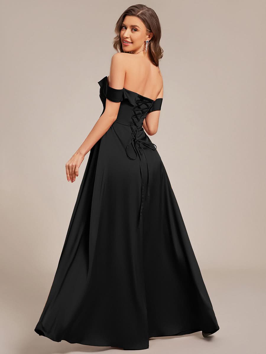 Off Shoulder Lace-Up High Slit Satin Bridesmaid Dress #color_Black