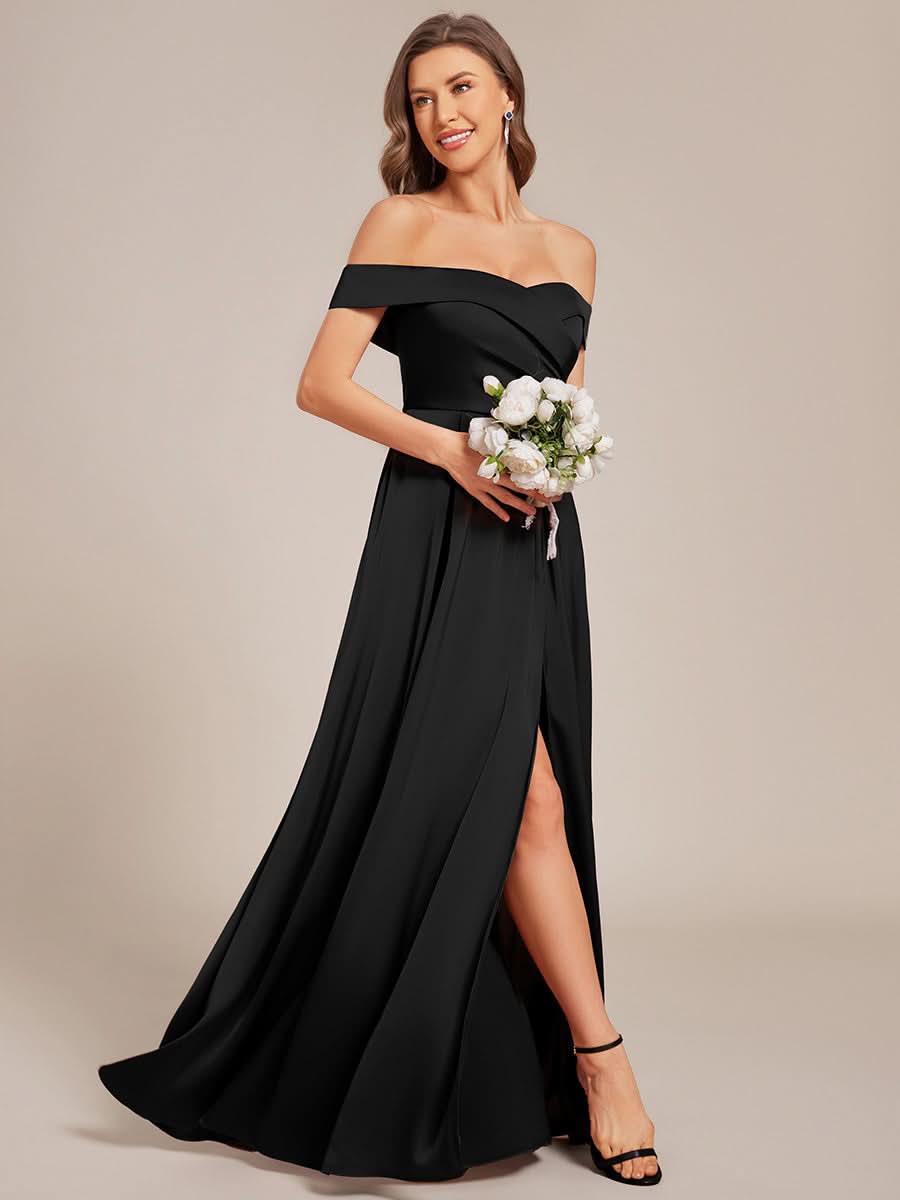 Off Shoulder Lace-Up High Slit Satin Bridesmaid Dress #color_Black