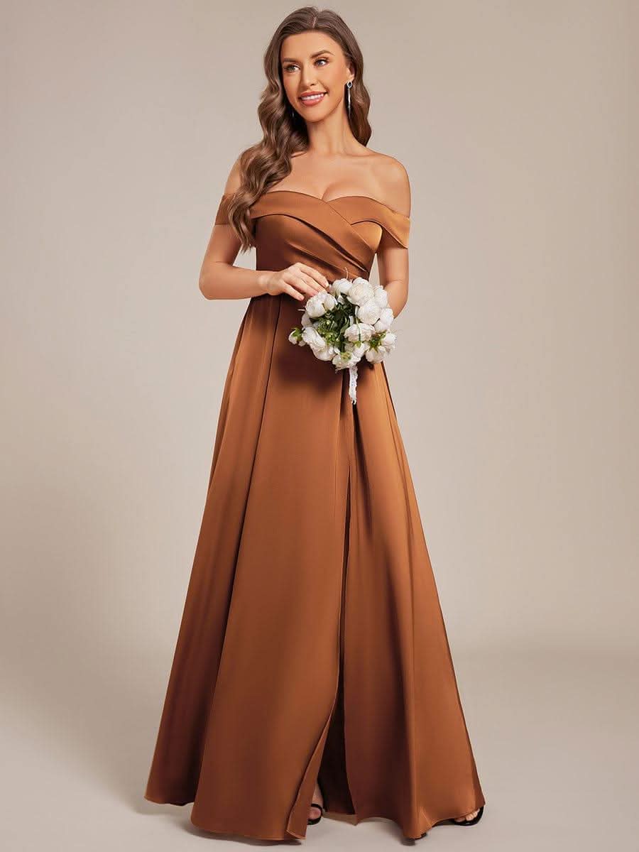 Off Shoulder Lace-Up High Slit Satin Bridesmaid Dress #color_Brown