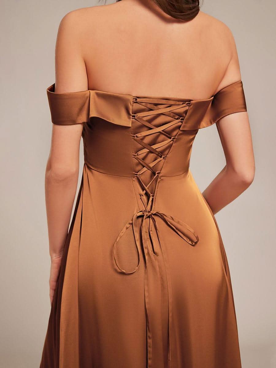 Off Shoulder Lace-Up High Slit Satin Bridesmaid Dress #color_Brown