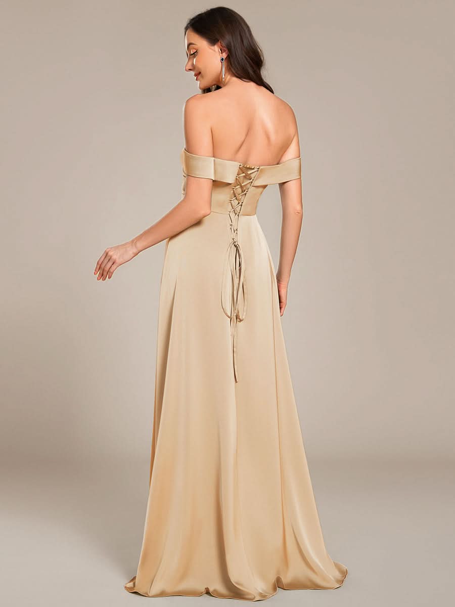 Off Shoulder Lace-Up High Slit Satin Bridesmaid Dress #color_Champagne