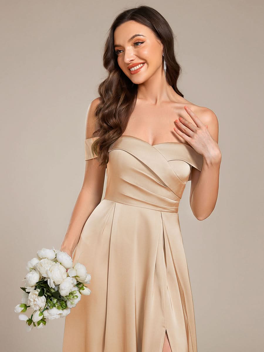 Off Shoulder Lace-Up High Slit Satin Bridesmaid Dress #color_Champagne