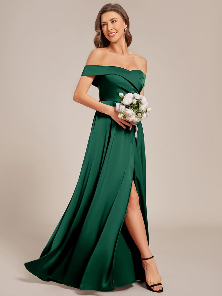 Off Shoulder Lace-Up High Slit Satin Bridesmaid Dress #color_Dark Green