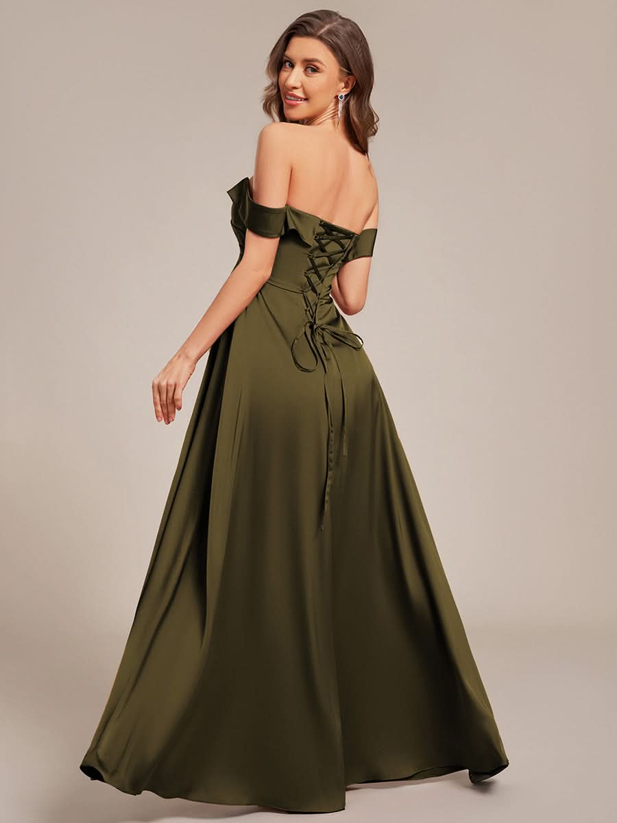 Off Shoulder Lace-Up High Slit Satin Bridesmaid Dress #color_Olive Green