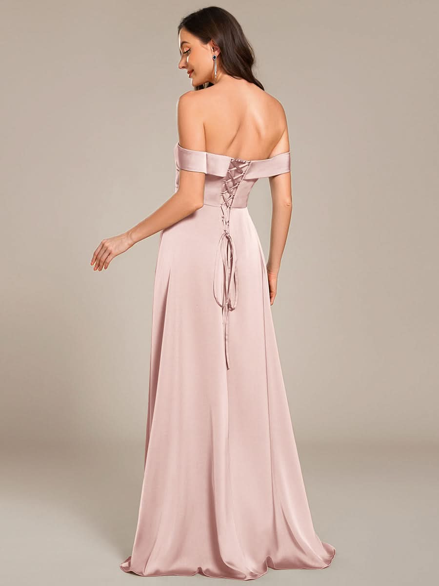 Off Shoulder Lace-Up High Slit Satin Bridesmaid Dress #color_Pink