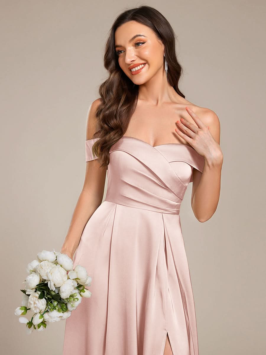 Off Shoulder Lace-Up High Slit Satin Bridesmaid Dress #color_Pink