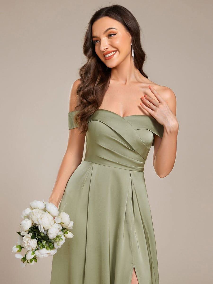 Off Shoulder Lace-Up High Slit Satin Bridesmaid Dress #color_Sage Green
