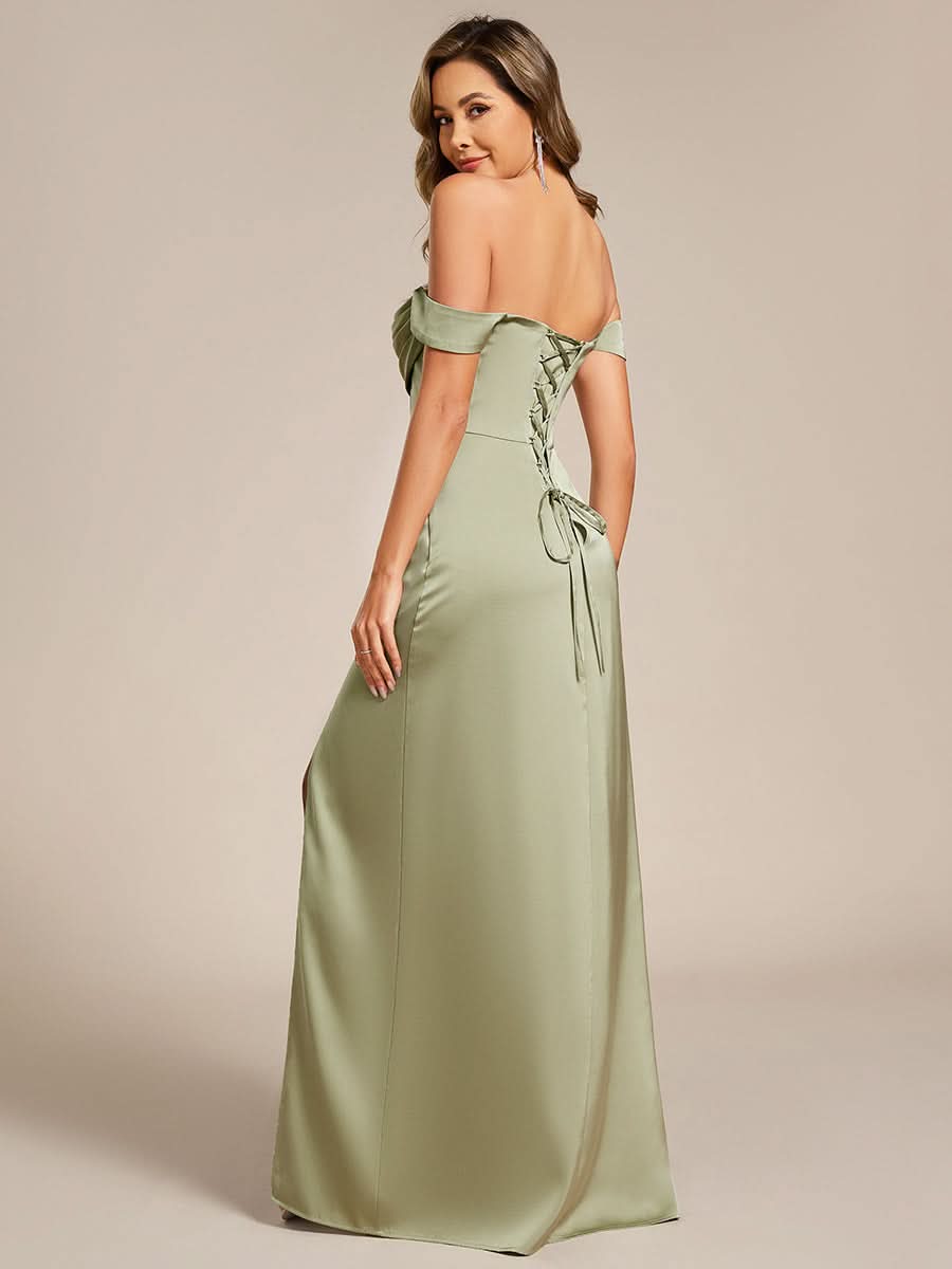 Off Shoulder Short Sleeve Split Bandage Floor-Length Bridesmaid Dresses #color_Sage Green
