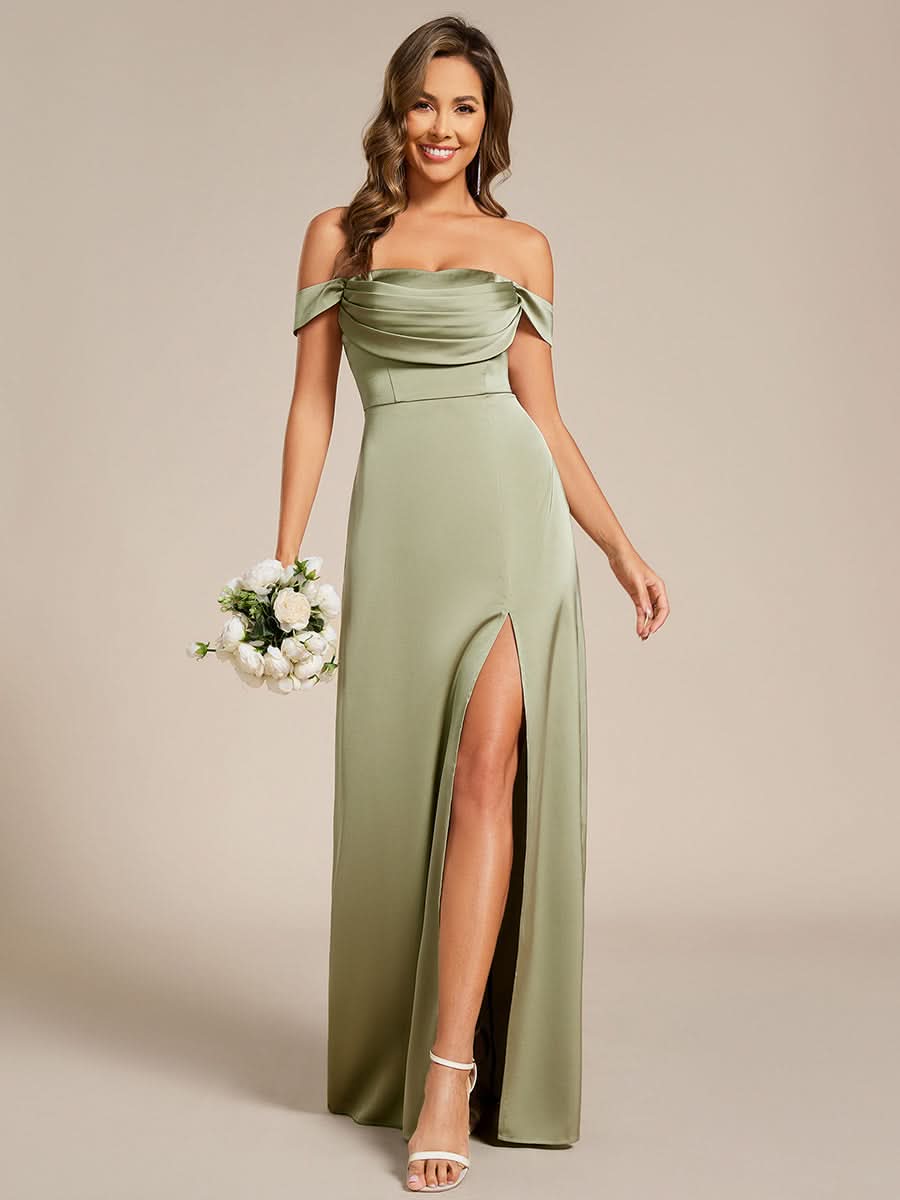 Off Shoulder Short Sleeve Split Bandage Floor-Length Bridesmaid Dresses #color_Sage Green