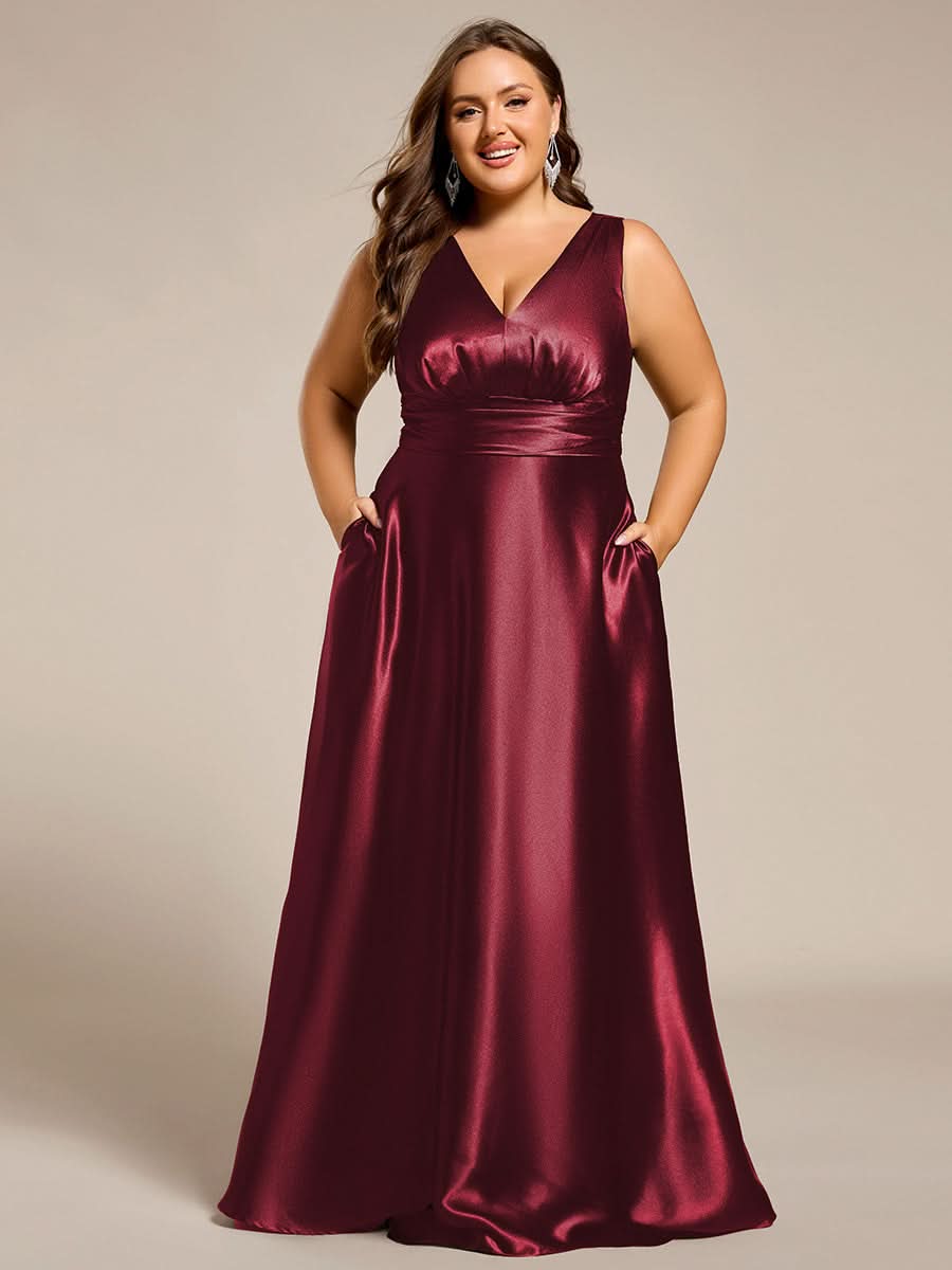V-neck Empire Waist Satin Maxi Bridesmaid Dress with Pockets #color_Burgundy