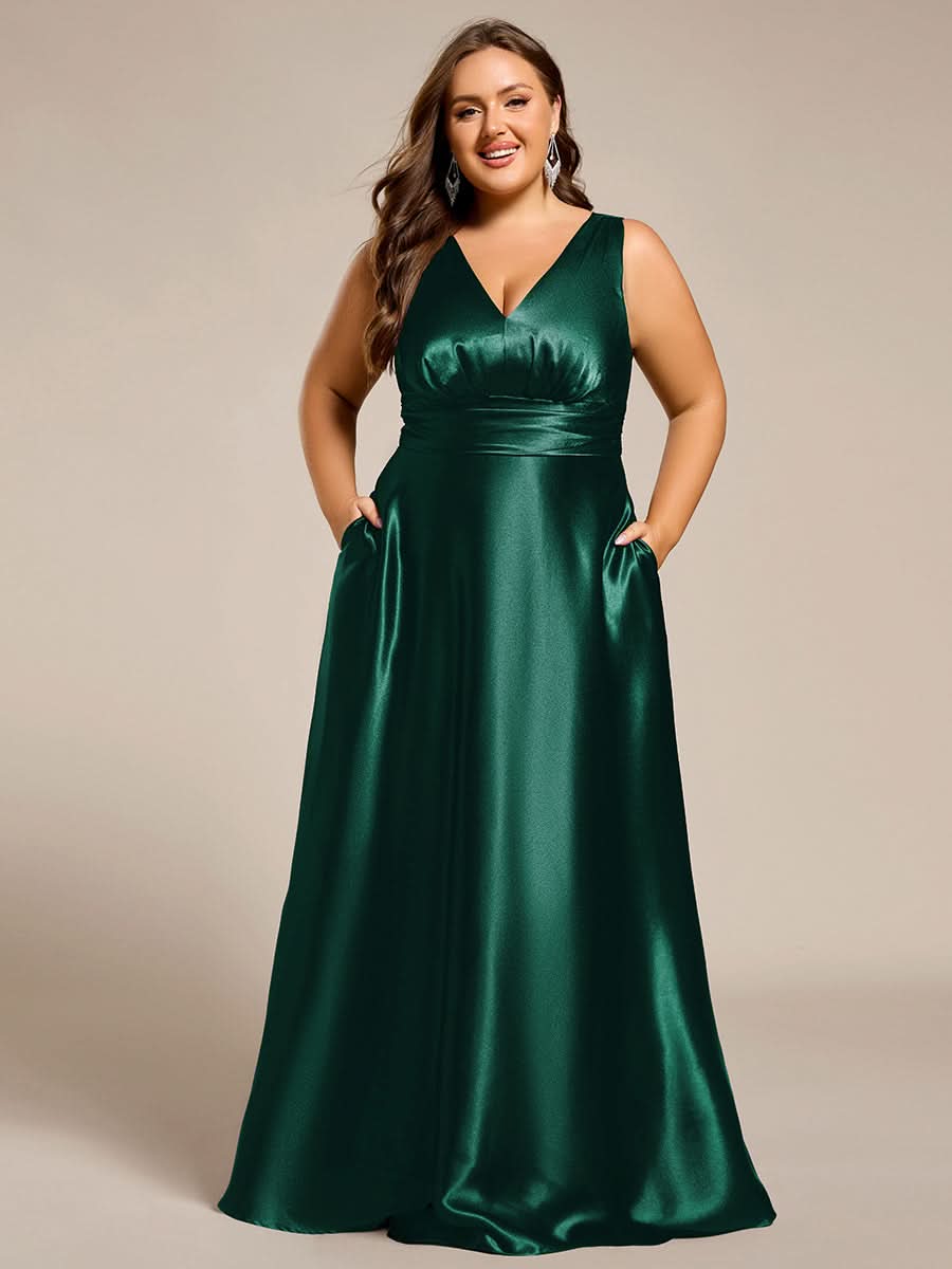V-neck Empire Waist Satin Maxi Bridesmaid Dress with Pockets #color_Dark Green