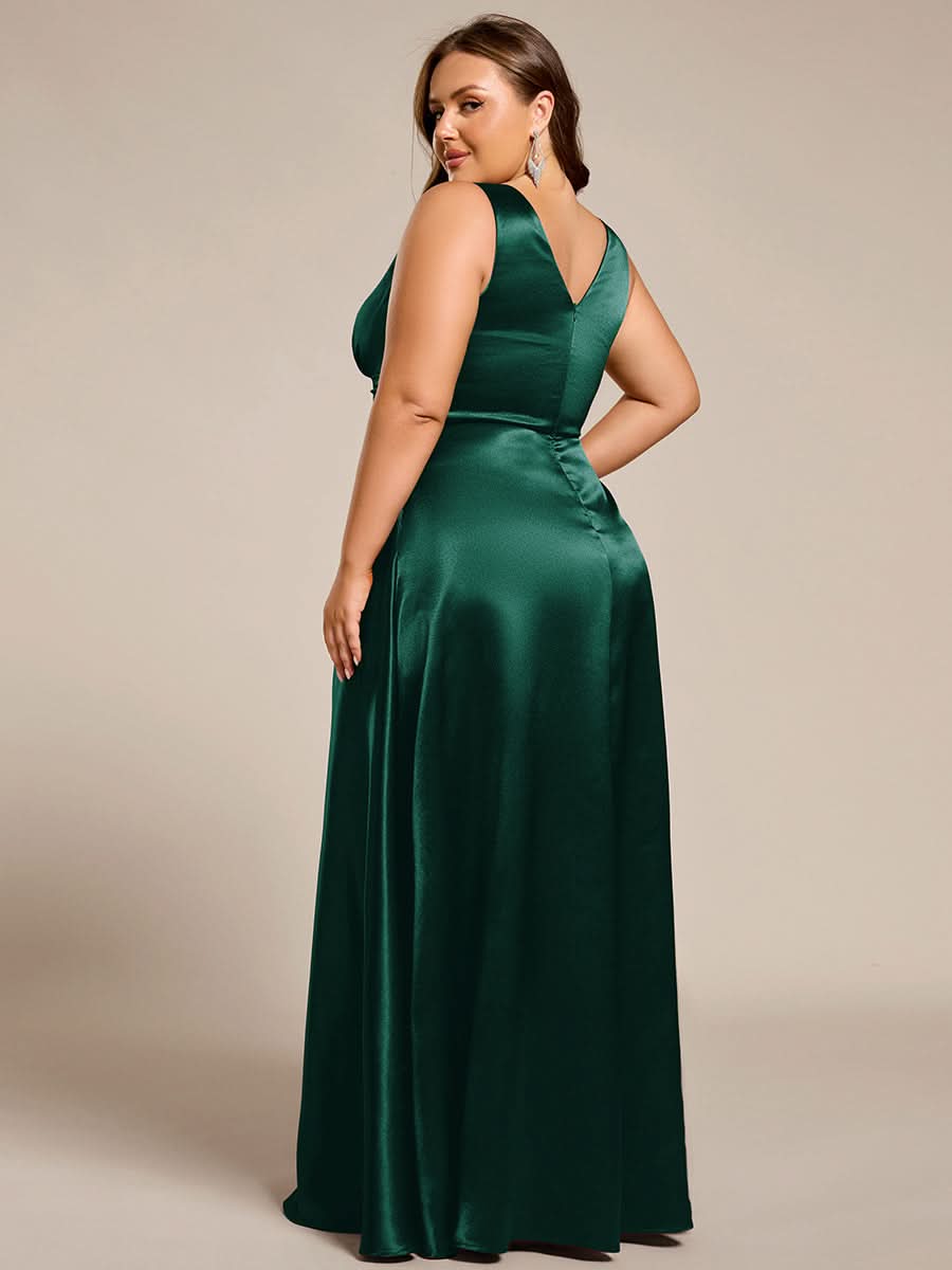 V-neck Empire Waist Satin Maxi Bridesmaid Dress with Pockets #color_Dark Green