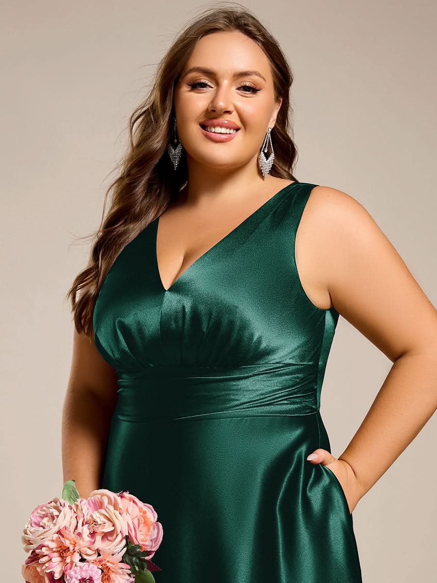 V-neck Empire Waist Satin Maxi Bridesmaid Dress with Pockets #color_Dark Green